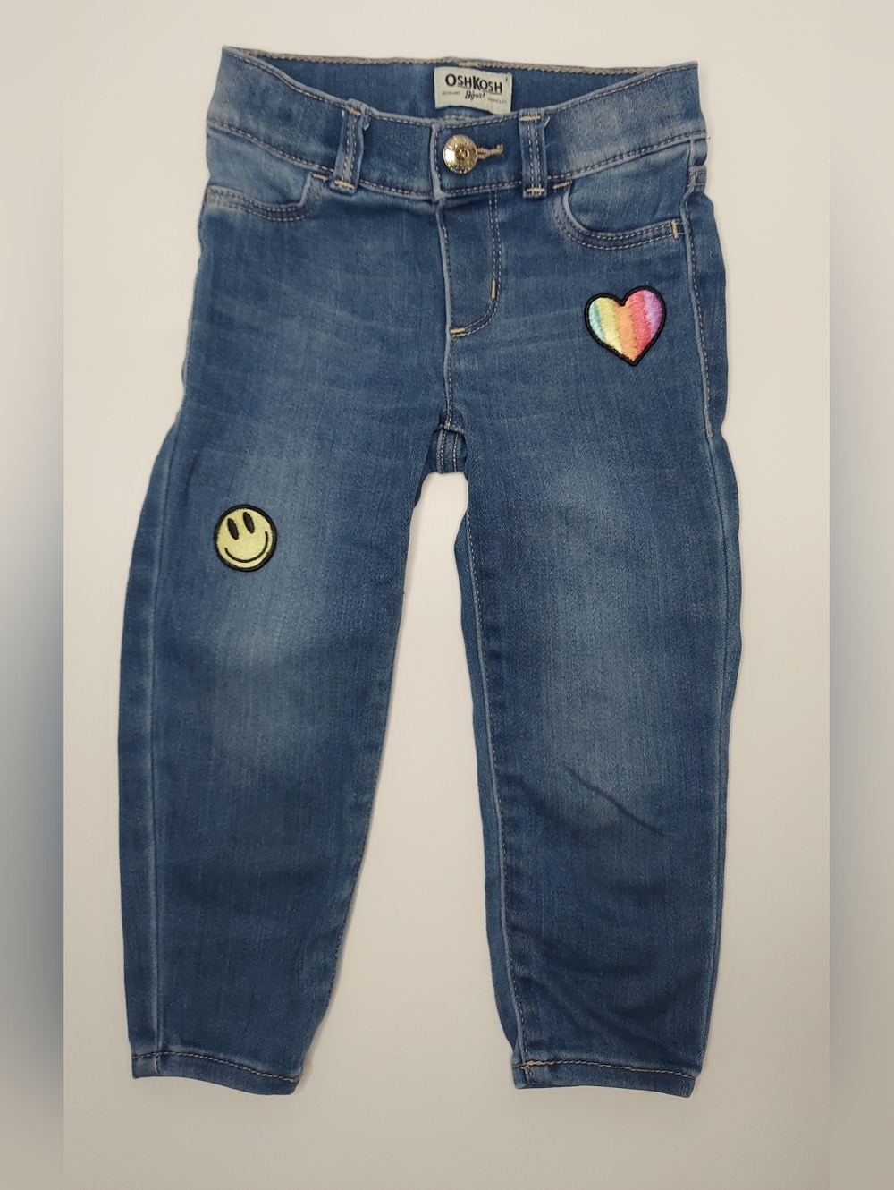 OshKosh B'gosh Blue Denim Jeans with Rainbow Heart & Smiley Patches